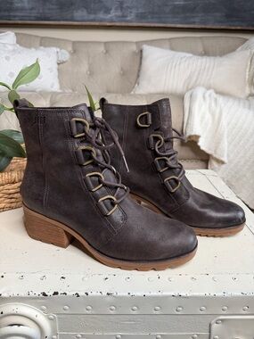 SOREL Cate Dark Brown Lace-Up Chunky Heeled Leather Ankle Boots Women's Size 11